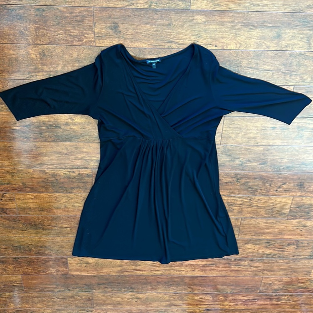 Black silk jersey A-line dress with wrap front top detail by Eileen Fishet